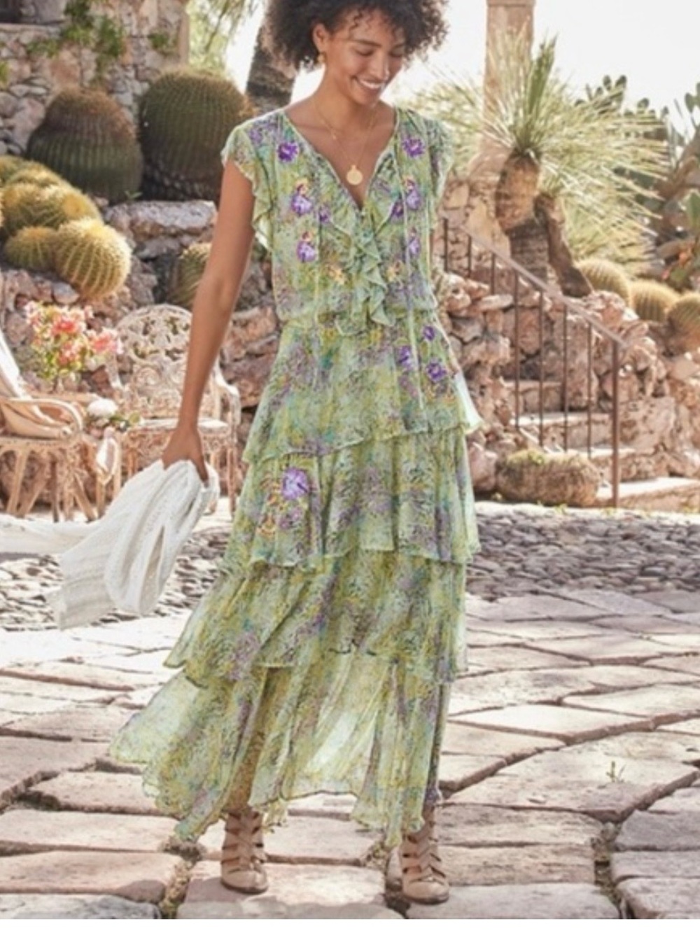 Sundance Green Floral Ruffle Tiered Maxi Dress